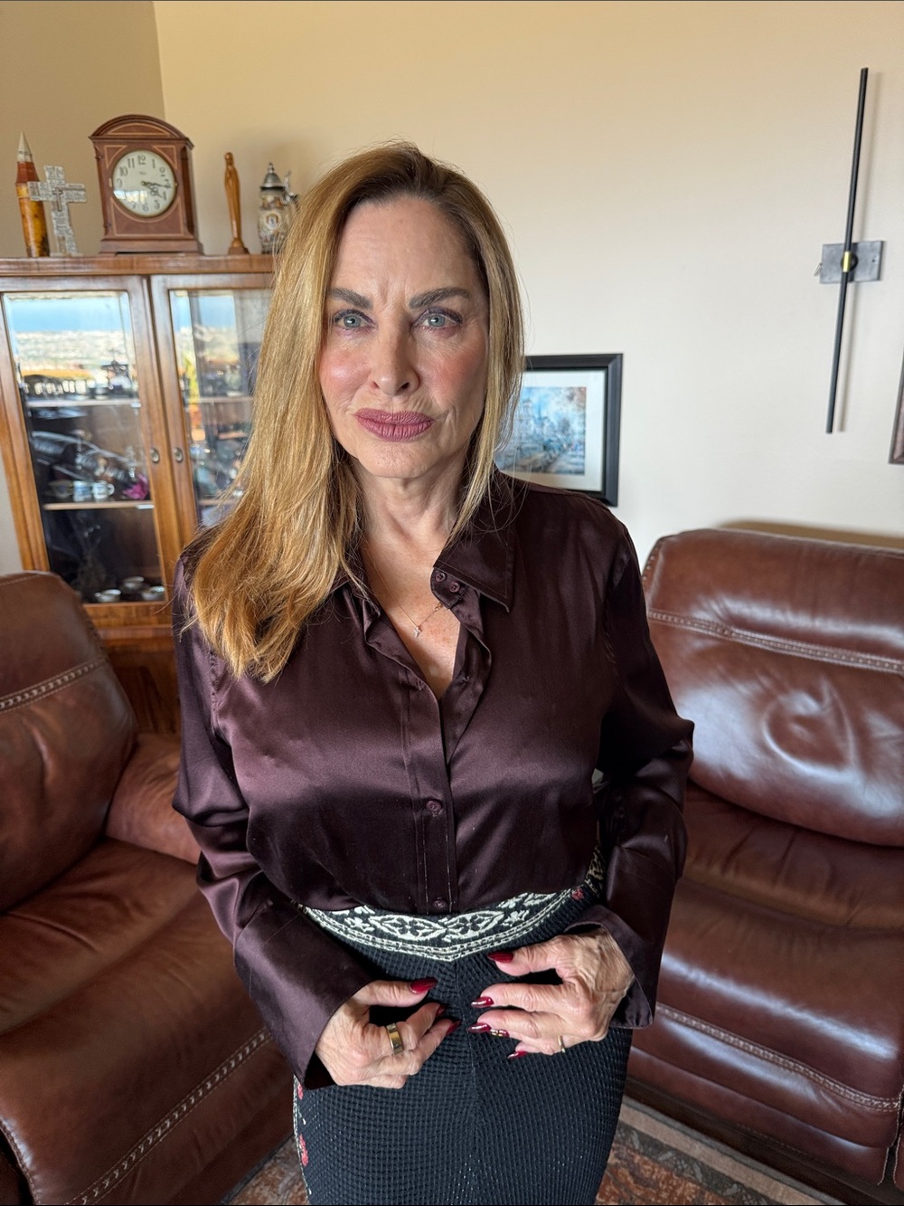 Silky Satin Long Sleeve Blouse in Deep Chocolate Plumb
